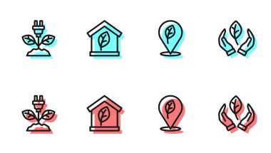 Çizgi konumunu yaprak, elektrik tasarrufu prizi, çevre dostu ev ve Yaprak el ikonu ile ayarla. Vektör