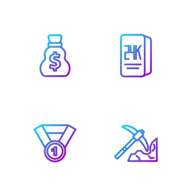 Altın madenciliği, madalya, eski para çantası ve barlar 24 bin dolar. Renk simgeleri. Vektör