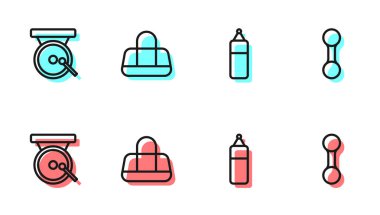 Sırayı belirle Kum Torbası, Boks gongu, Spor ve Dumbbell ikonu. Vektör