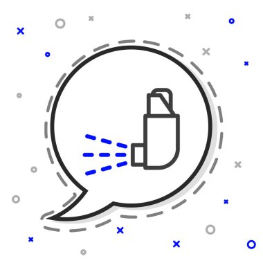 Beyaz arkaplanda çizgi solunum simgesi izole edildi. Öksürük şurubu, solunum, alerjik hasta. Tıbbi alerji astım spreyi. Renkli taslak konsepti. Vektör.