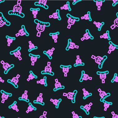 Çatal simgesindeki çizgili sosis siyah arkaplanda izole edilmiş. Izgara sosis ve aroma işareti. Vektör