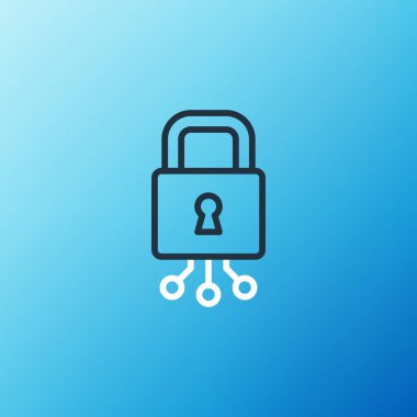 Siber güvenlik simgesi mavi arkaplanda izole edildi. Dijital devre kartında kapalı asma kilit. Güvenlik kavramı. Dijital veri koruması. Renkli taslak konsepti. Vektör