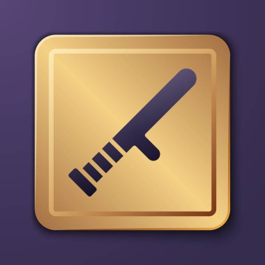 Mor Polis kauçuk çubuk ikonu mor arka planda izole edildi. Kauçuk copu. Polis yarasası. Polis ekipmanları. Altın kare düğme. Vektör.