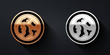 Siyah zemin üzerinde bakteri simgesi olan altın ve gümüş petri kabı. Uzun gölge tarzı. Vektör