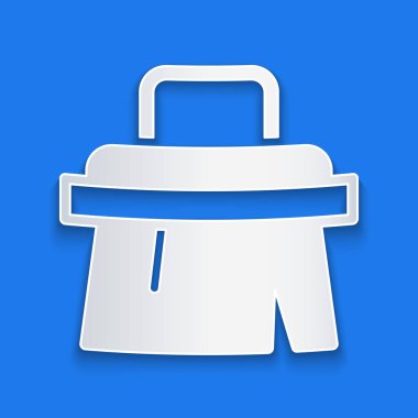 Kağıt kesiği Sauna fırçası simgesi mavi arkaplanda izole edildi. Banyoda yıkanmak için kaba kıllı ahşap bir fırça. Selülit önleyici masaj. Kağıt sanatı tarzı. Vektör