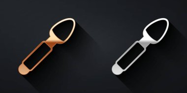 Siyah arka planda izole edilmiş altın ve gümüş kaşık ikonu. Mutfak aletleri. Çatal bıçak seti. Uzun gölge tarzı. Vektör