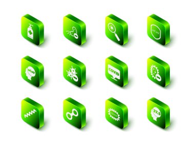 Negatif virüsü, virüsü büyüteç altına alın, kalkan koruması, yüksek vücut ısısı, Corona covid-19, ve ikon. Vektör