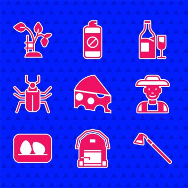 Peynir, çiftlik evi, bahçe çapası, şapkalı çiftçi, tavuk yumurtası, böcek sineği, camlı şarap şişesi ve çilek ikonu. Vektör