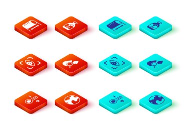 Termometreyi, Dünya 'yı, göz taramasını, düşüşü ve büyüteçleri, ilaç şişesi haplarını ve boy geometrik simgesini ayarla. Vektör