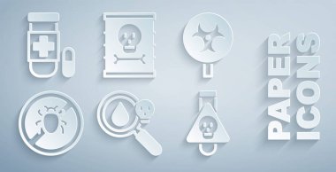 Zehirli büyüteç, biyolojik tehlike sembolü, Colorado böceğini durdur, iksirli şişe, radyoaktif atık varili ve panzehir ikonu hazırla. Vektör