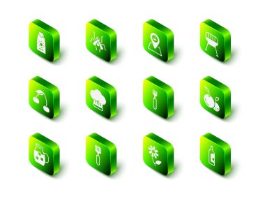 Sivrisinek, piknik yeri, ızgara ızgara, meyve, şarap, çatal, çiçek ve Spatula ikonu. Vektör