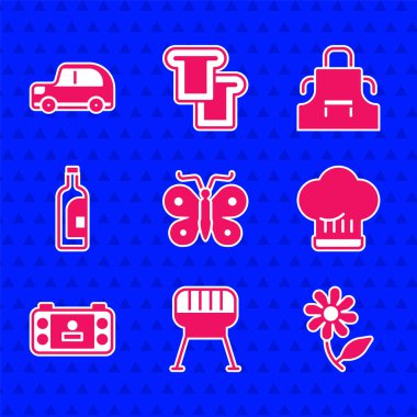 Kelebek, barbekü ızgarası, çiçek, şef şapkası, taşınabilir video oyun konsolu, şarap şişesi, mutfak önlüğü ve araba ikonu. Vektör