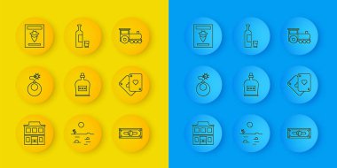 Vahşi batı bar, bombaya hazır bomba, Rom şişesi, kağıt para yığını, iskambil kağıdı, aranan batı posteri, Retro tren, viski ve cam ikon. Vektör