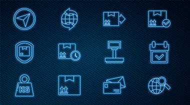 Çizgi büyüteci, karton kutu trafik sembolü ve hızlı zaman, teslimat paketi güvenlik kalkanı, şehir haritası navigasyon bilgileri, ölçek ve dünya çapında simge. Vektör