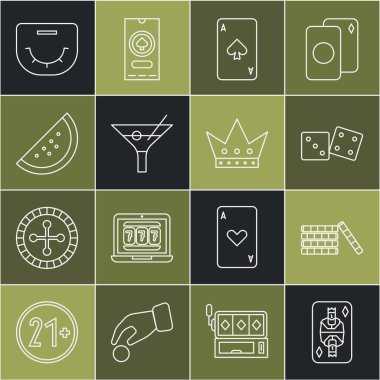 King 'in elmas, kumarhane fişleri, zar oyunu, maça oyunu, martini bardağı, slot makinesi karpuzu, poker masası ve ikon ile oynadığı set çizgisi. Vektör