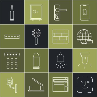 Yüz tanıma, hareket sensörü, sosyal ağ, kapı kolu, büyüteç araması, şifre koruması, kurşun ve tuğla simgesi ayarla. Vektör