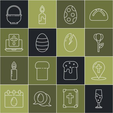 Hristiyan haçı, çiçek lalesi, Paskalya yumurtası dizüstü bilgisayar ekranında haç, sepet ve kırık ikon çizgisi. Vektör