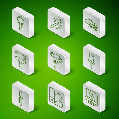 Çizgi bilgisayar monitörü ve imleci, renk palet rehberi, büyüteç, boya fırçası, sihirli değnek, Pipette ve Push pin simgesi ayarlayın. Vektör