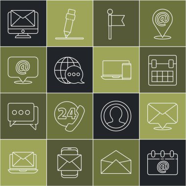 Satır Takvimini e- posta, Zarf, Yer imi, Konuşma balonu, E- posta, İzleme zarfı ve telefon simgesinden yapılmış Dünya haritası ile ayarla. Vektör