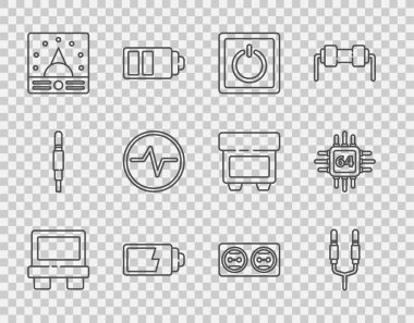 Hat fünyesi, elektrik ışığı anahtarı, pil şarj seviyesi göstergesi, Ampere ölçer, multimetre, voltmetre, devre şeması, elektrik prizi ve işlemci mikro devre işlemci simgesini ayarla. Vektör