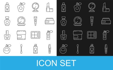 Mascara fırçası, parfüm, krem veya losyon kozmetik tüpü, yuvarlak makyaj aynası, makyaj tozu, şampuan ve ikon şişesi. Vektör