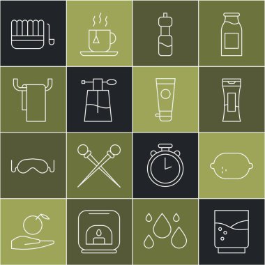 Bardağı suyla doldur, Lemon, bir şişe şampuan, parfüm, havlu askısı, sauna kovası, kepçe, krem ya da losyon kozmetik tüp ikonu. Vektör