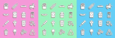 Onigiri, Candy, Doner kebabı, ekmek somunu, samanlı soda kutusu Hotdog sandviçi, patates kızartması ve patlamış mısır ikonu. Vektör