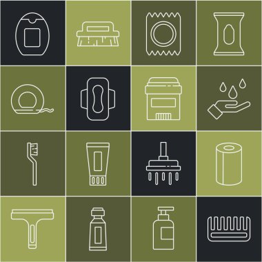 Saç fırçası, kağıt havlu rulosu, sabunla el yıkama, prezervatif paketi güvenli seks, hijyenik peçete, diş ipi, şampuan şişesi ve terletici deodorant ikonu. Vektör