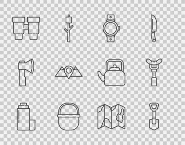 Termos kabı, Kürek, Smartwatch, kamp tenceresi, dürbün, orman haritası ve sosis çatalı ikonu konum dağları. Vektör