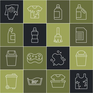 Kirli tişört, çöp tenekesi, çamaşır deterjanı, temizlik malzemesi şişesi, temizlik servisi ve süpürge ikonu. Vektör