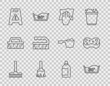 Sıralı süpürge, Sıcaklık Yıkama, Temizlik, Tüylü, Islak zemin, Temizlik için fırça, Şişe ve Sünger ikonu. Vektör
