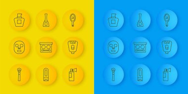 Makyaj fırçası, yüz maskesi, göz farı paleti, parfüm, solunum cihazı, krem losyon tüpü, el aynası ve tırnak cilası şişesi ikonu. Vektör