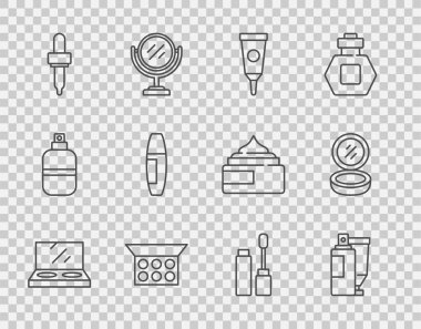 Makyaj tozunu aynayla, krem losyon kozmetik tüpüyle, Pipette, Mascara fırçası ve ikon ile ayarla. Vektör