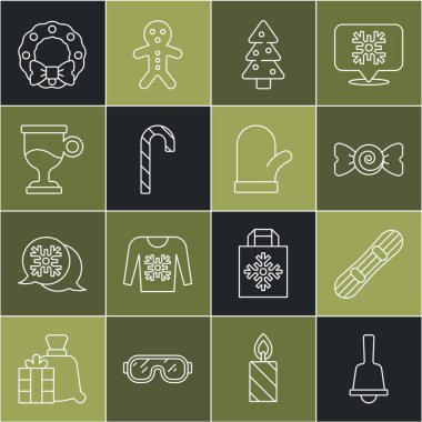 Mutlu Noeller çanı, Snowboard, Şeker, ağaç, şeker kamışı, sıcak şarap, çelenk ve eldiven ikonu. Vektör