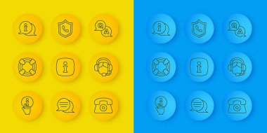 Hat Bilgileri, Lifebuoy, Telefon 24 saat desteği, kulaklıklı kadın, Soru ve Yanıt ve ikon. Vektör