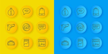 Brass knuckles, Pistol veya gun, Vinil disk, Drum machine müzik, Rap, Money bag, Winter hat ve Yo argo harf simgesi. Vektör