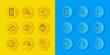 Yerküredeki çizgi konumunu, pin, harita, işaretleyici, insan, harita konumu, şehir navigasyonu ve Arama simgesini ayarla. Vektör