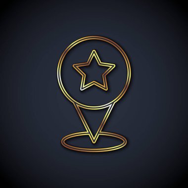 Siyah zemin üzerinde yıldız simgesi olan altın çizgili harita işaretçisi. Yıldız favori iğne haritası simgesi. Harita işaretleyicileri. Vektör.