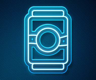 Parlayan neon hattı bira ikonu mavi arkaplanda izole edilebilir. Vektör.