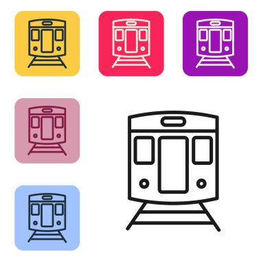 Siyah hat tren ve demiryolu ikonu beyaz arka planda izole edildi. Toplu taşıma sembolü. Metro treni nakliyesi. Metro yeraltı. Renkli kare düğmelerle simgeleri ayarla. Vektör