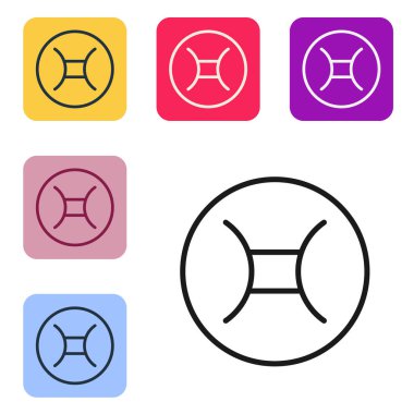 Siyah çizgi Gemini burç simgesi beyaz arka planda izole edildi. Astrolojik yıldız falı koleksiyonu. Renkli kare düğmelerle simgeleri ayarla. Vektör