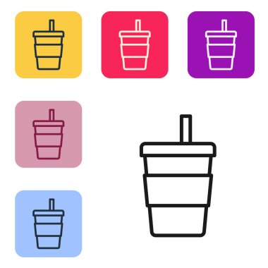 Siyah çizgi kağıt bardak, beyaz arka planda izole edilmiş saman ve su ikonu içeriyor. Soda bardağı. Taze soğuk içecek sembolü. Renkli kare düğmelerle simgeleri ayarla. Vektör