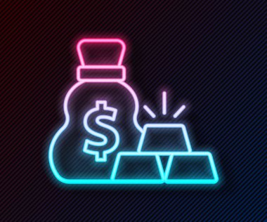 Parlayan neon çizgisi Altın Çubuk Çantası simgesi siyah arkaplanda izole edildi. Altın külçeli çuval. Vektör