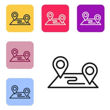 Siyah çizgi rota simgesi beyaz arkaplanda izole edildi. Harita işaretçisi işareti. Yol ya da yol kavramı. GPS navigatörü. Renkli kare düğmelerle simgeleri ayarla. Vektör