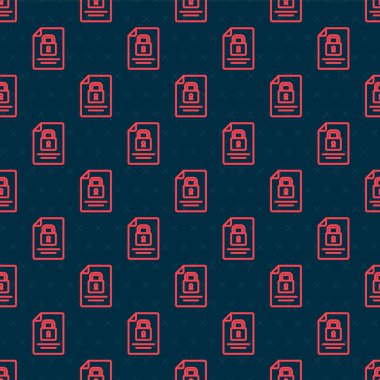 Red line Document and lock icon isolated seamless pattern on black background. File format and padlock. Security, safety, protection concept.  Vector