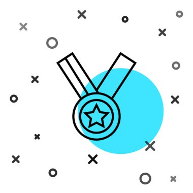 Beyaz arkaplanda siyah çizgi madalyası ikonu izole edildi. Kazanan başarı işareti. Ödül madalyası. Rastgele dinamik şekiller. Vektör