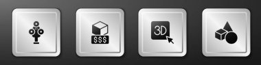 3D tarayıcı, yazıcı servisleri ve temel geometrik şekiller simgesini ayarla. Gümüş kare düğme. Vektör