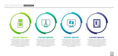 Parfüm, Eyfel Kulesi, Bayrak Fransa ve Portre 'yi müzeye koyun. Ticari bilgi şablonu. Vektör