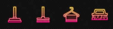İpi havluya tak, lastik pompa, süpürge sapı ve fırça temizliği için. Parlayan neon ikonu. Vektör