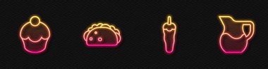 Hot chili Pepper, Muffin, Taco, tortilla ve cam sütle. Parlayan neon ikonu. Vektör